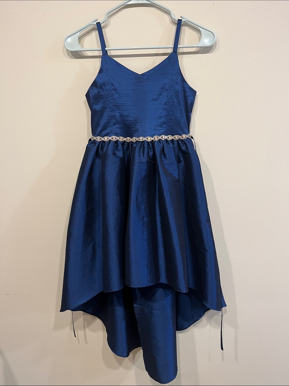 Rare Editions Navy Hi-Low Spaghetti Strap Dress with Beaded Waist